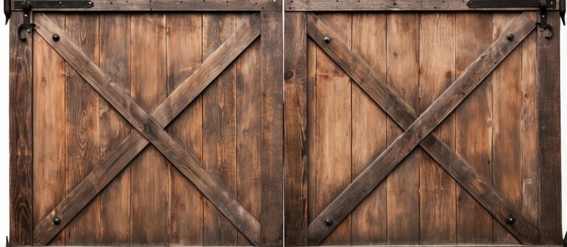 Closeup of a vintage double barn door with wooden texture and metallic handle and bolts seen from the front