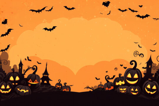 Halloween greeting card with pumpkins and scary forest
