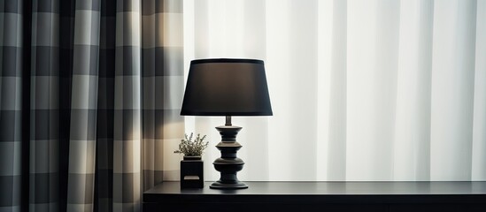 A dark lamp on a desk with light curtains in front