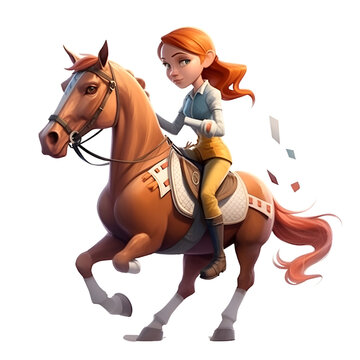 Girl riding a horse isolated on a white background. 3d rendering