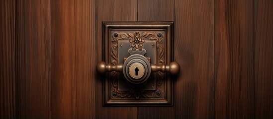 Close up of wooden door with keyhole and doorknob visible