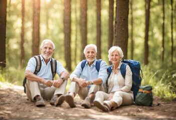 Senior couple and friend backpacking and enjoying nature on a summer vacation