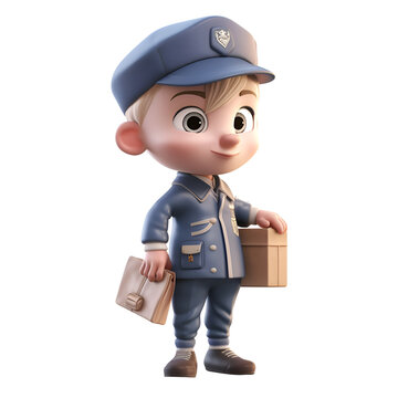 3D Render of a Cute Postman with a Bag of Boxes