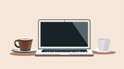 Fototapeta premium Laptop and Coffee: A close-up of a laptop next to a cup of coffee, symbolizing the start of a productive workday,