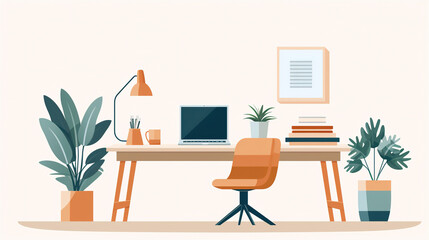 Home Office Setup: A home office arrangement with a desk, laptop, and comfortable chair,