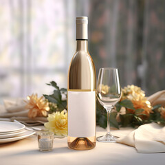 Bottle of white wine standing on table. Wine bottle mockup with blank white label, commercial wine label template