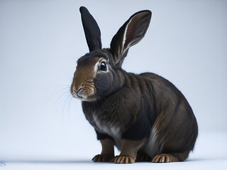 Rabbit , 4 months old, sitting against white background. Ai Generated