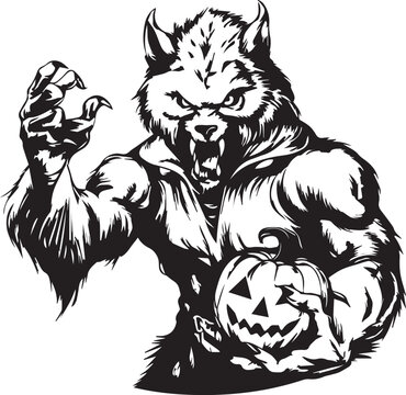Wolf man holding a pumpkin, Monster Halloween, Vector Illustration, SVG