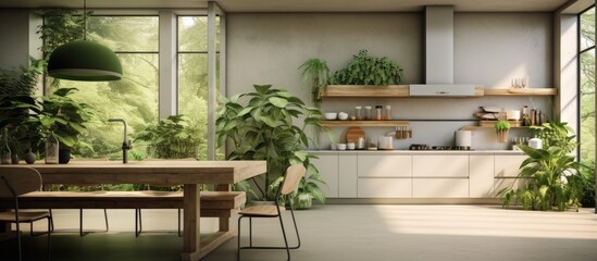 Fototapeta na wymiar A serene indoor area and cooking area adorned with leafy plants