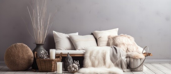 Winter themed living room decoration featuring reindeer fur