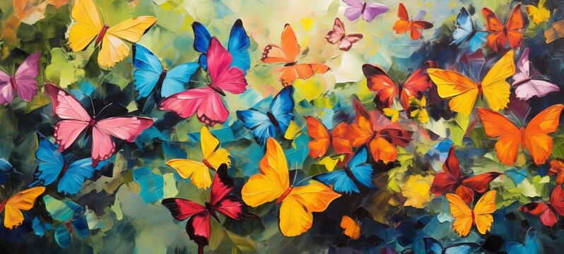 Colorful abstract oil acrylic painting of colorful butterflies, pallet knife on canvas (Generative Ai)