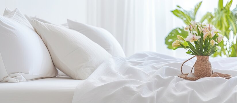 White king size bed with bedding and towel in bedroom for relaxation