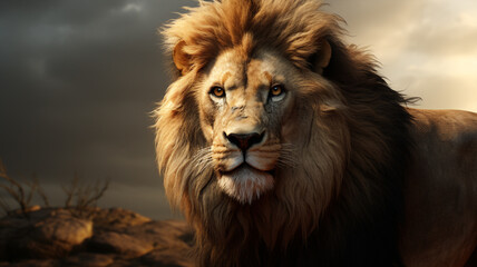 Portrait d'un lion sauvage, couché de soleil, cinématique.