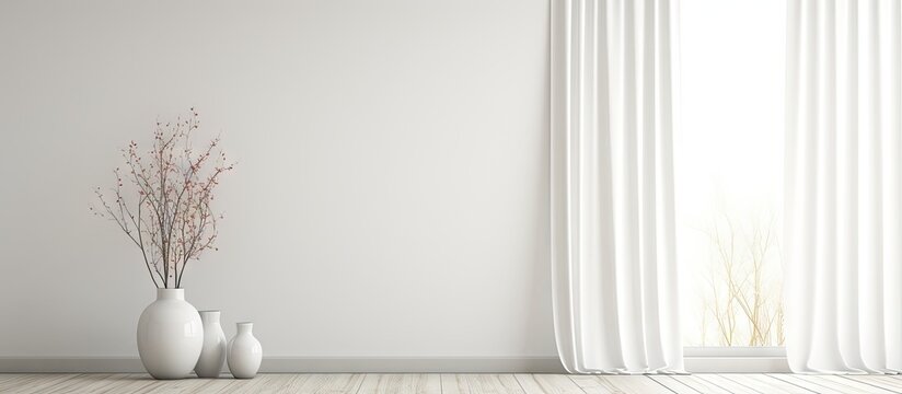 White empty Scandinavian room with vases wooden floor large wall and landscape outside the window with curtains Nordic home interior illustration