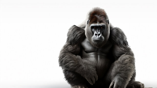Portrait d'un gorille assis vue de face, fond et arri&egrave;re-plan blanc, isol&eacute;.