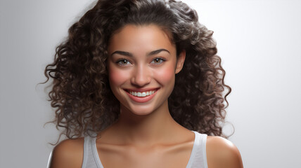Portrait d'une femme brune souriante vue de face, arrière-plan et fond blanc, sourire.