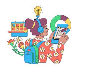E-learning and online education student connecting with his digital tablet and attending courses online, he is interacting with a virtual user interface.Flat vector illustration