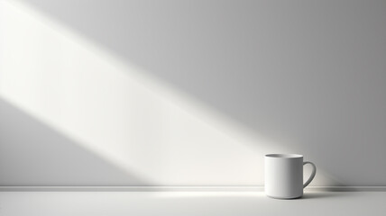 Fond abstrait blanc pour la présentation de produits. Avec ombres et lumières des fenêtres, avec une tasse blanche, minimaliste et épuré. - obrazy, fototapety, plakaty