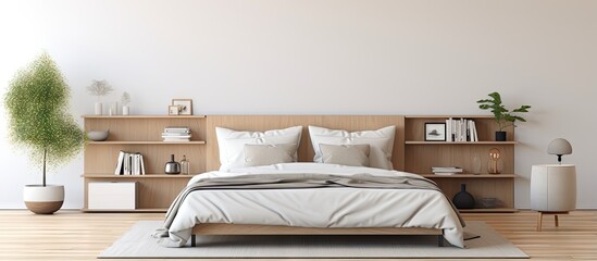 a minimalist bedroom with white walls wooden floor gray king size bed with beige cover gray bookcase with vases and books and a vertical mock up poster frame