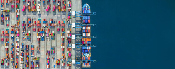 Industrial import-export port prepare to load containers. Aerial top view container ship in export and import global business and logistic. Global transportation and logistic business. - obrazy, fototapety, plakaty