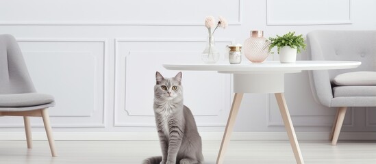 Gray cat jumping on white chair in stylish living room with dining area - Powered by Adobe