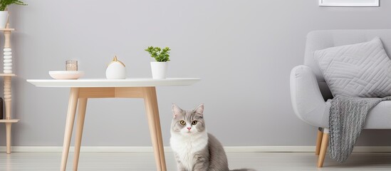 Gray cat jumping on white chair in stylish living room with dining area