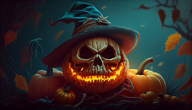 Scary spooky halloween season, monster skull and crossbones halloween witch with pumpkin, halloween background, Ai generated image
