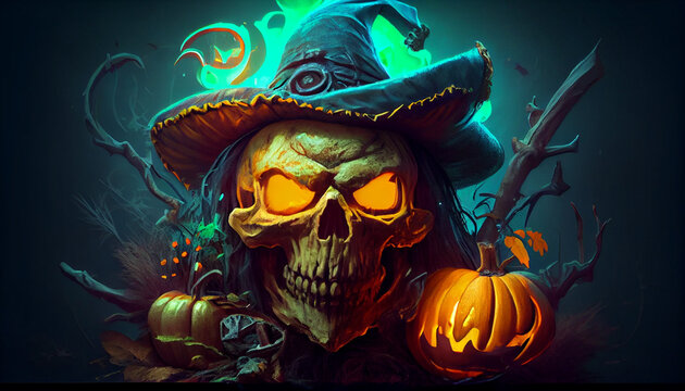Scary spooky halloween season, monster skull and crossbones halloween witch with pumpkin, halloween background, Ai generated image