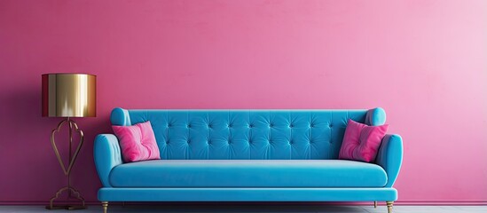 The living room has a pink sofa with a blue pillow