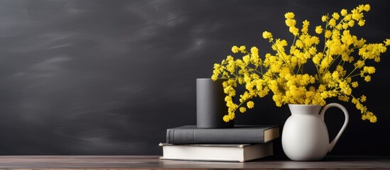 A white pot on a black board next to old books and a bouquet of mimosa on a wooden shelf