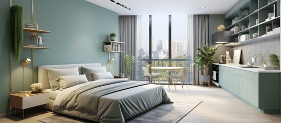 Trendy roomy flat with a chic green grey and white pastel palette large window and ornate walls Housing for both sleep and cooking