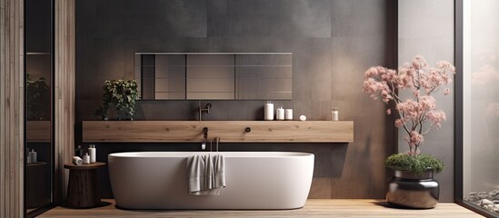 Contemporary bathroom furnished with gray and wood accents
