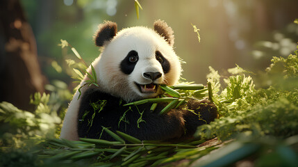 Obraz premium Panda's Playground, Playful Giant Panda Enjoying a Bamboo Feast in Lush Forest