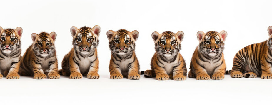 Seamless image of group of cute tiger cubs sitting in row