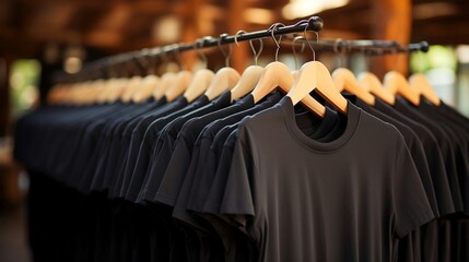 Black t-shirts hangers in shop. 