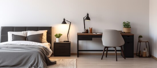 Spacious home bedroom with a cozy bed cushions black desk chair and glowing lamps