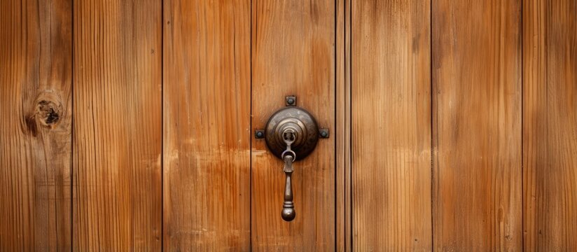 Close up of wooden door with keyhole and doorknob visible