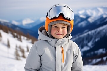 Fototapeta na wymiar Portrait of cute little boy with helmet and goggles on top of the mountain