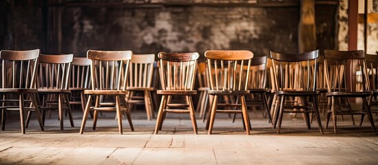 Aisles filled with antique wooden chairs