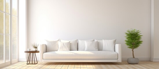 Nordic style home with white living room wooden floor and large wall decor featuring a window with a white landscape illustration