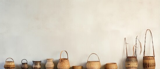 Woven baskets on shelf by bright wall