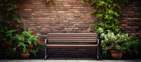 Fototapeta na wymiar Brick wall background with a bushy bench for resting
