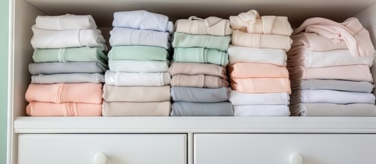 Folded newborn baby clothes stored vertically in a sliding wardrobe inside a neatly organized nursery room