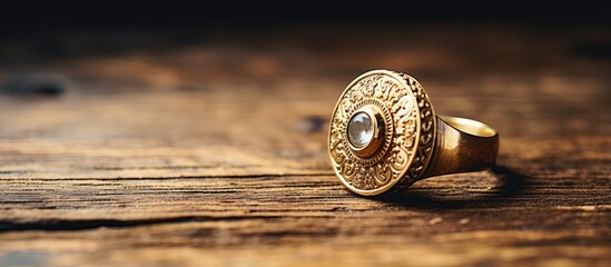 A wooden table with a gold ring