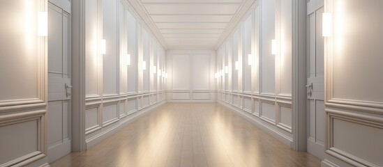 Bright cramped corridor with multiple white walled doors and a shimmering lamp above wooden flooring