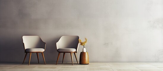 Chair and wooden floor in concrete interior with two blank walls ing