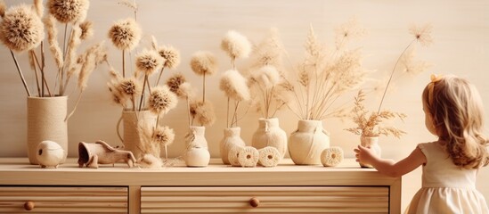 Children s room decor with wooden toys and dried flowers on chest of drawers