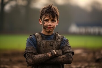 Portrait of a boy with dirty face and dirty hands in a field