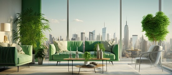 Stylish green living room with city view and sunlight