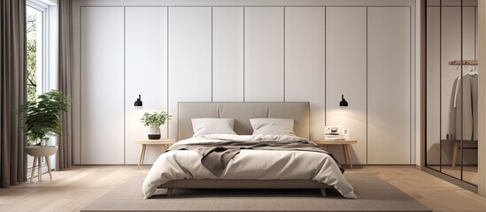 Modern bedroom with cozy bed on wood floor by white wardrobe and mirror in natural light
